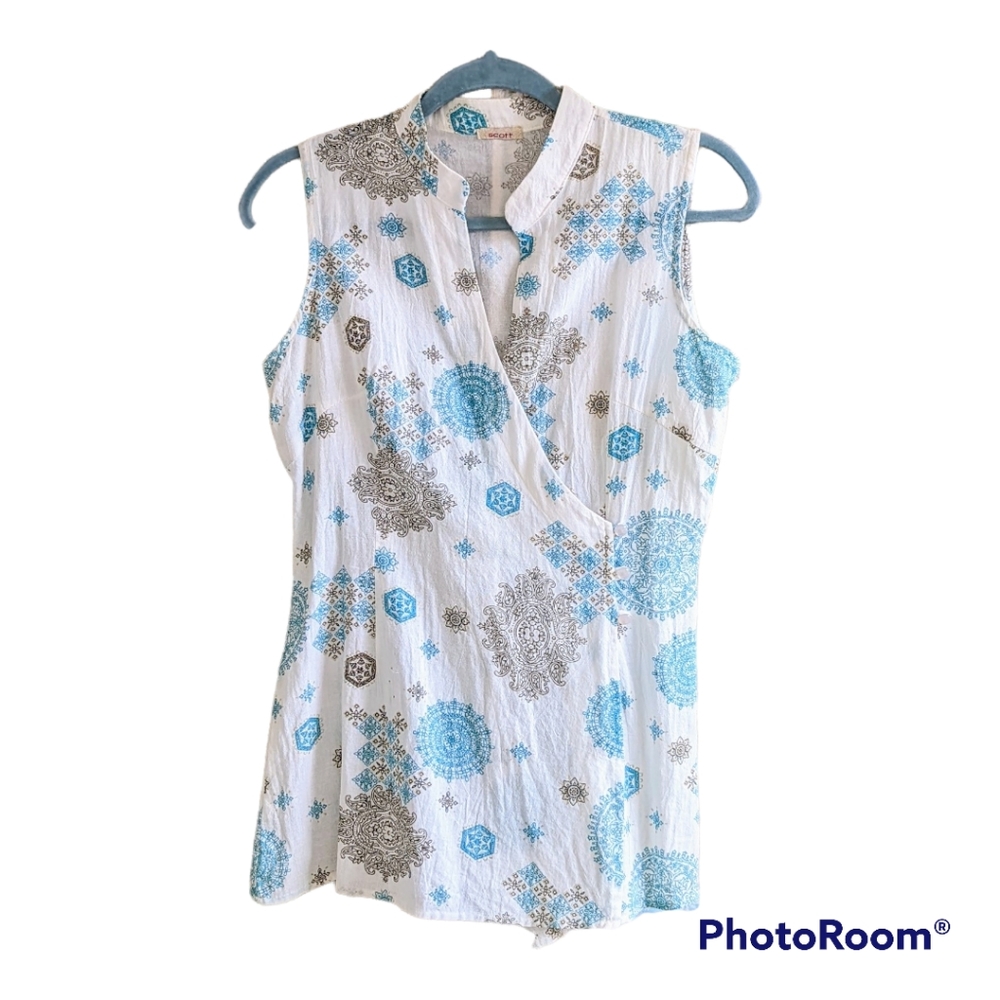Vintage Linen Wrap Tunic Shirt Sleeveless Top White Turquoise Brown Print Medium - Picture 2 of 5